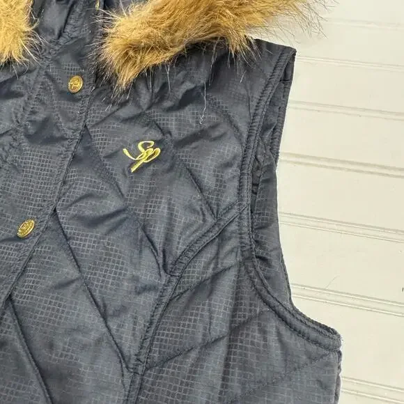 Southpole Y2K Faux Fur Black Gold Puffer Vest Zip Button Up Size Medium - Picture 2 of 6